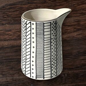 Creative Co-op Modern Stoneware Creamer Ivory w/ Black Design Gold Rim 8 oz.